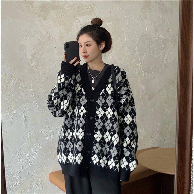 Áo cardigan len Quảng châu họa tiết ziczac caro màu đen trắng phong cách hàn quốc vintage ulzzang AC6 | BigBuy360 - bigbuy360.vn