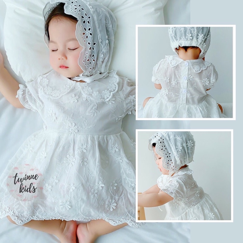 [Angela Baby] Váy liền thân màu trắng kèm mũ, váy romper sơ sinh chất liệu cotton xô mềm mại bé gái 3-24 tháng