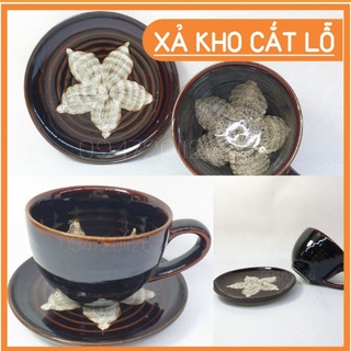 Bộ cốc tách capuchino có quai men nâu bóng vẽ hoa sao 5 cánh 220ml. - Gốm sứ Bát tràng.