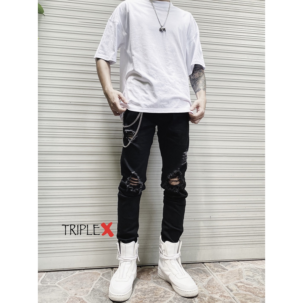 Quần bò đen mài rách cá tính 02 / Set quần áo phụ kiện