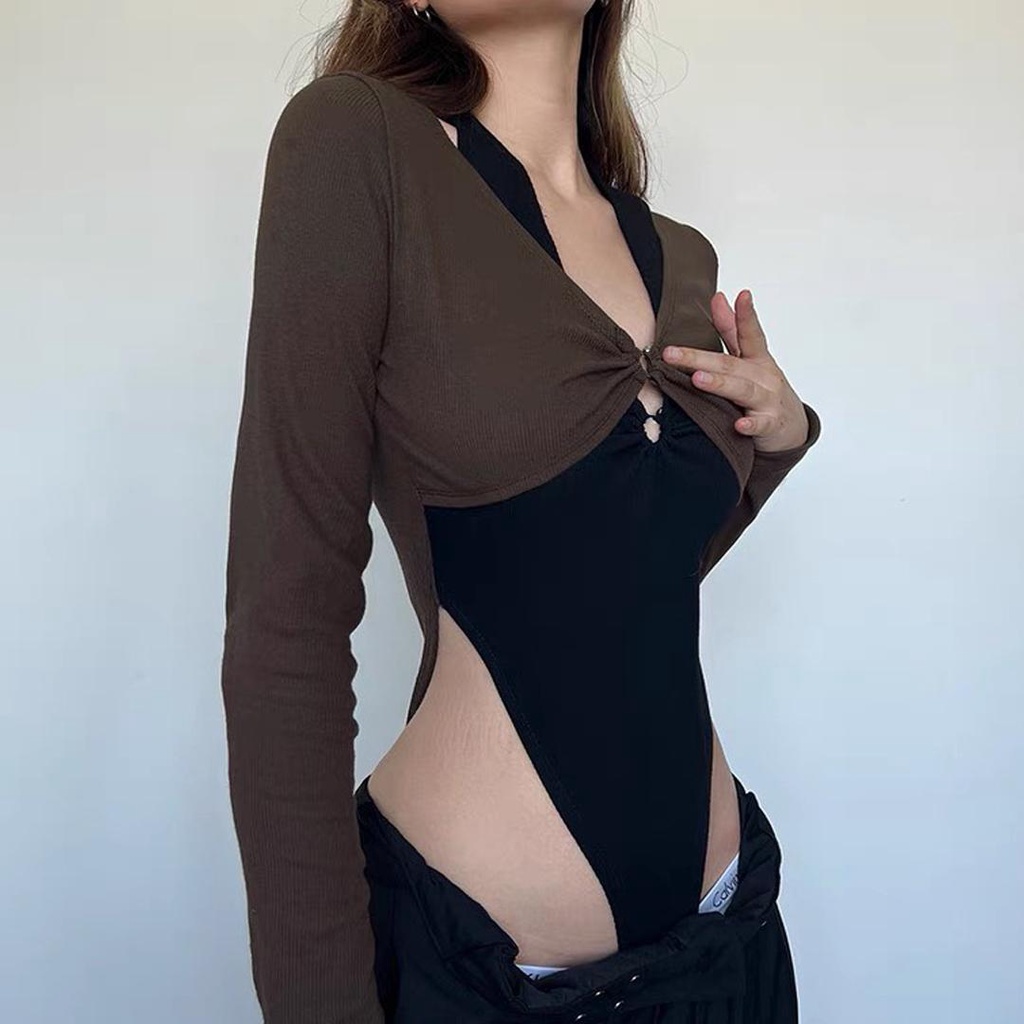 Áo liền quần tay dài nữ Junest  Bodysuit dáng ôm phối 2 màu cá tính  cổ yếm khuyết tròn  ALQPM003 | BigBuy360 - bigbuy360.vn