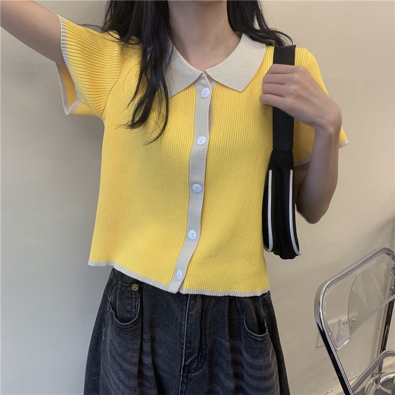 Áo thun Polo dệt kim tay ngắn phối nút nhiều màu sắc phong cách Hàn Quốc thời trang mùa hè cho nữ | BigBuy360 - bigbuy360.vn