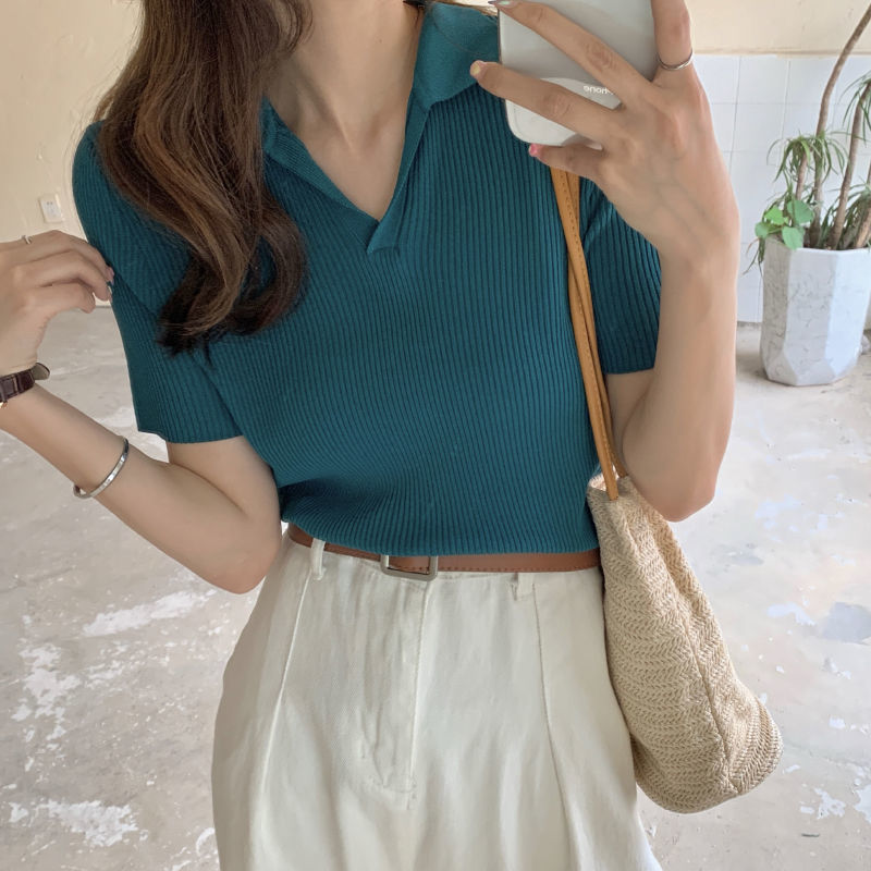 Áo Croptop Nữ Tay Ngắn Cổ Chữ V Polo Dáng Ôm Thoáng Mát Màu Trơn Thanh Lịch 8 Màu Tùy Chọn Thời Trang