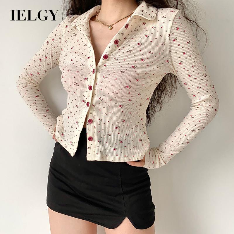 Áo sơ mi IELGY dáng ôm tay dài họa tiết hoa tươi tắn dễ thương cho nữ