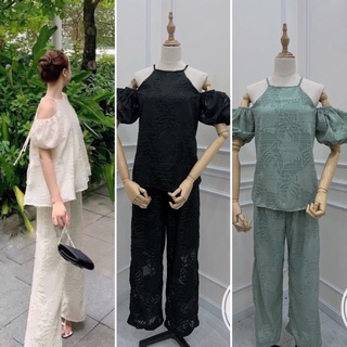 Set áo ren cổ yếm trễ vai kem + quần suông dài