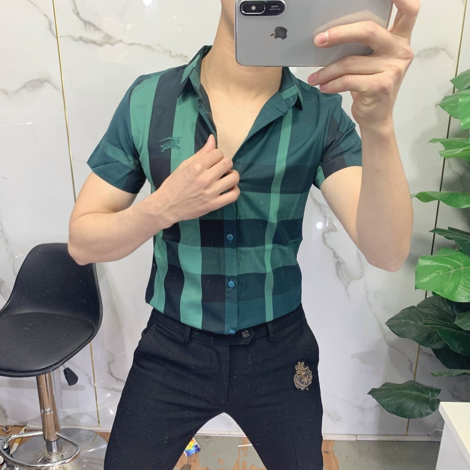 Áo sơ mi bbr nam tay ngắn kẻ nhiều màu caro chất liệu cotton thoáng mát