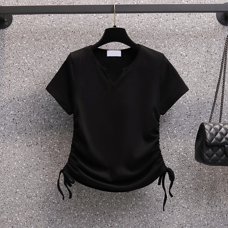 Áo thun tay ngắn cổ V dây rút vải cotton 100% A2681