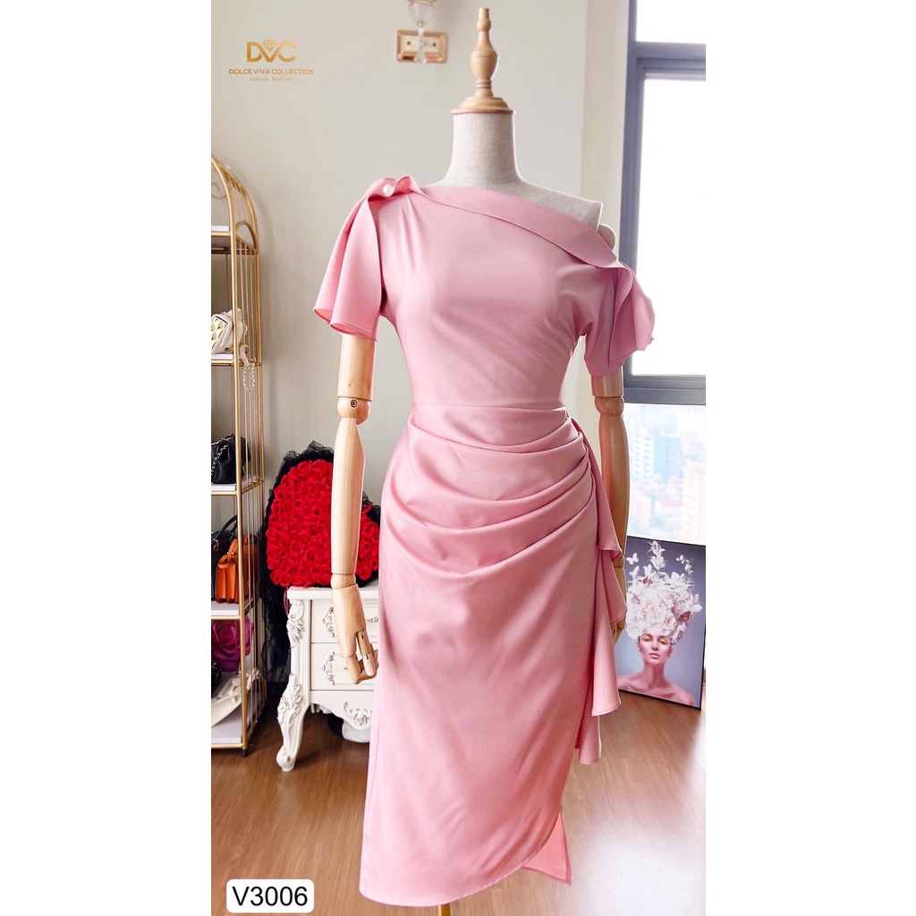 V3006 váy body trễ vai màu hồng