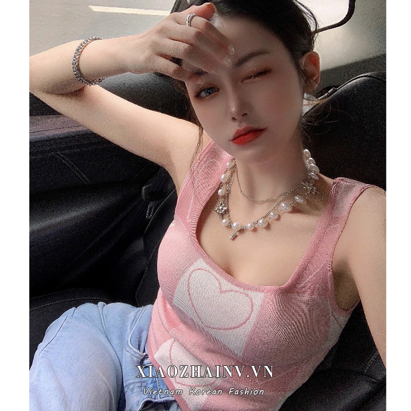 Áo croptop hai dây Xiaozhainv kẻ sọc caro xinh xắn cho nữ