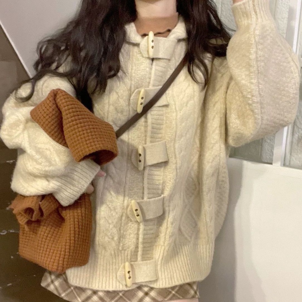 Áo Khoác Len Cardigan Có Nón Cài Nút Sừng Phong Cách Nhật Bản Thời Trang Thu Đông Mới