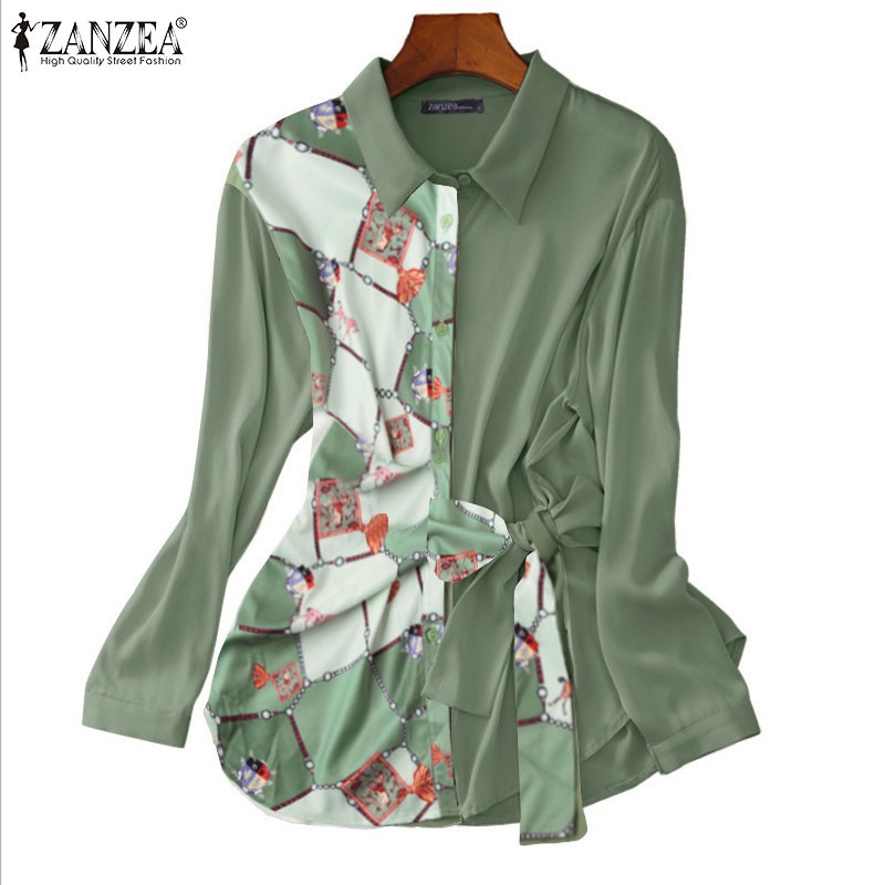 Áo sơ mi ZANZEA cổ bẻ thắt nơ tay dài in họa tiết hoa phối nút cài cho nữ