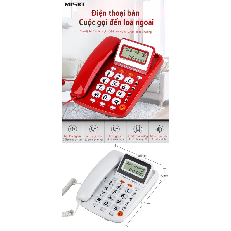 Điện thoại cố định điện thoại bàn màu trắng và đỏ 2 cổng nối POSvàmáy Fax ,Màn hình LCD,phím to,trong suôt không cần pin