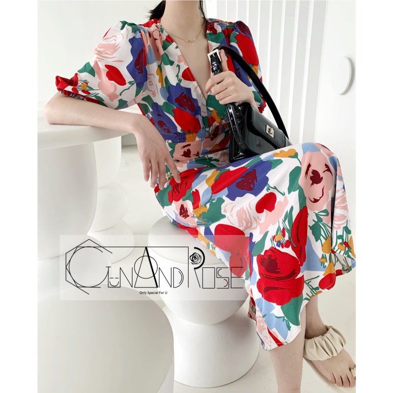 Đầm Tay Phồng Cổ Chữ V Form Ôm Họa Tiết Hoa Phối Màu Tương Phản