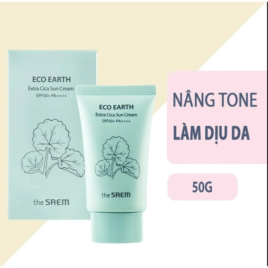 Kem Chống Nắng Rau Má the Saem Eco Earth Extra Cica Sun Cream 50g Nâng Tone, Cân Bằng Ẩm