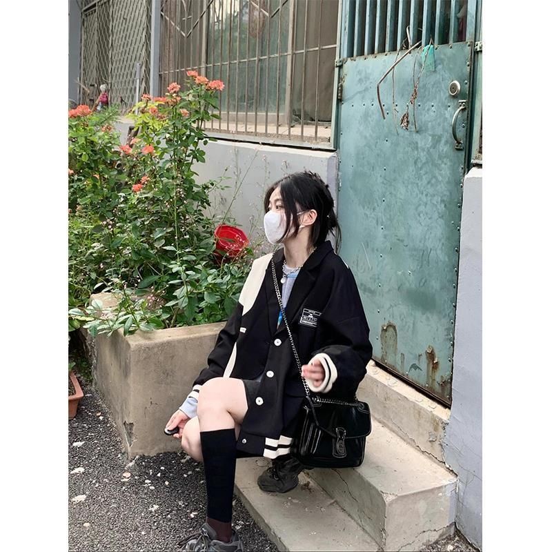 Áo khoác bomber cổ vest đen trắng cá tính Hàn Quốc - Áo blazer cách điệu unisex nam nữ
