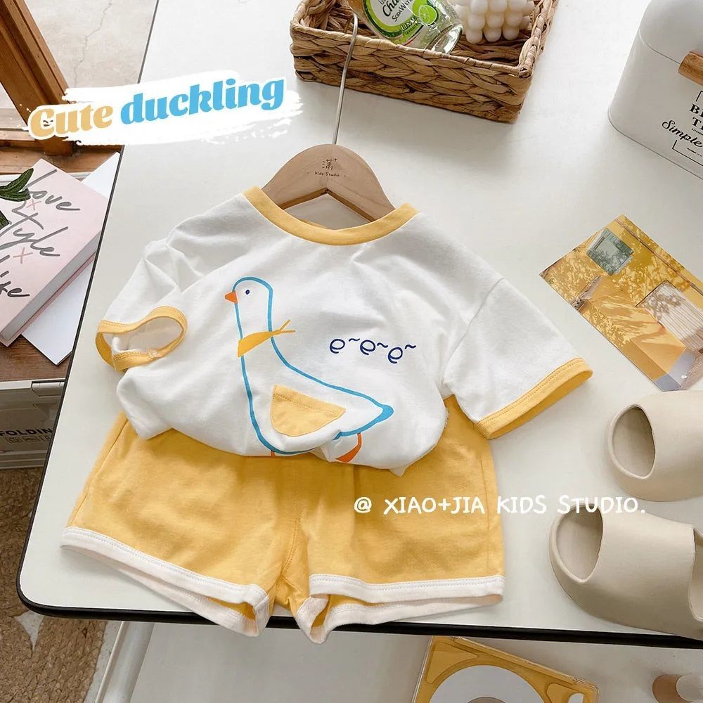 Bộ Áo Thun Cotton Ngắn Tay In Hoạt Hình + Quần Short Thời Trang Mùa Hè Hàn Quốc Dành Cho Bé Trai