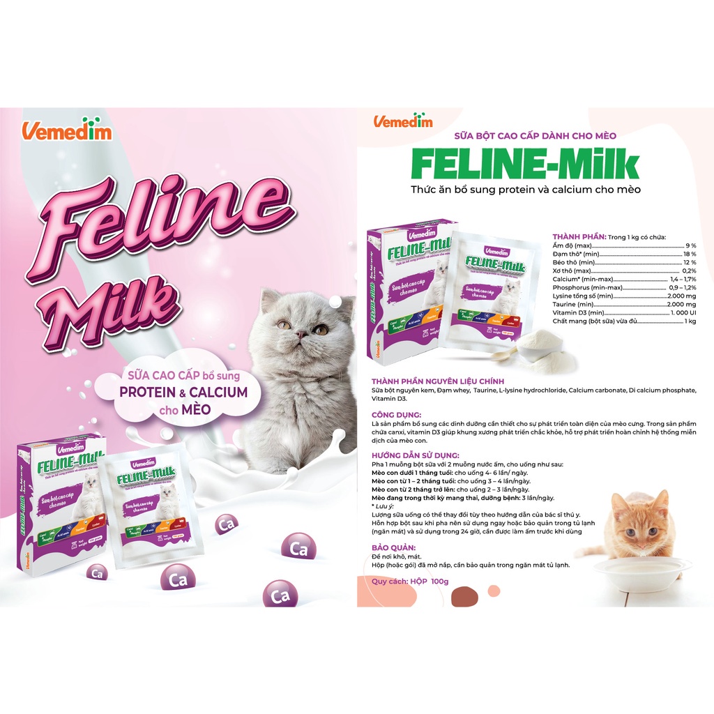 Vemedim Feline Milk - Sữa Bột Cao Cấp Dành Cho Mèo hộp giấy 100g Vemedim chính hãng
