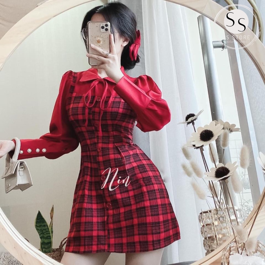 Set Đầm Sơ Mi Phối Màu Caro Kèm Quần Chất Vải Bố Phối Tay Lụa (ĐỎ+NUDE)