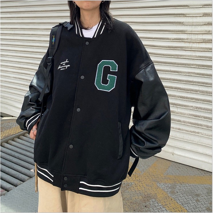 Áo khoác bomber G Varsity Jacket vải nỉ phối tay da, áo bomber bóng chày nam nữ unisex form rộng