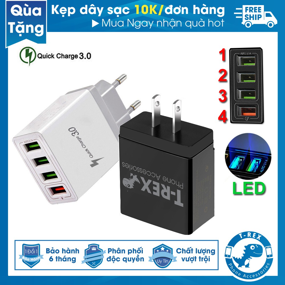 Củ Sạc Nhanh LED T-Rex Đa Năng Quick Charge 3.0 (4Đầu USB) Dùng Cho Thiết Bị Iphone/ Samsung/ Android