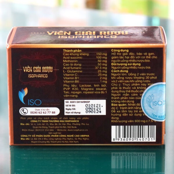 Viên Giải Rượu Isopharco- Hỗ trợ bảo vệ gan, tăng cường chức năng gan, làm giảm các triệu chứng khó chịu khi uống rượbia