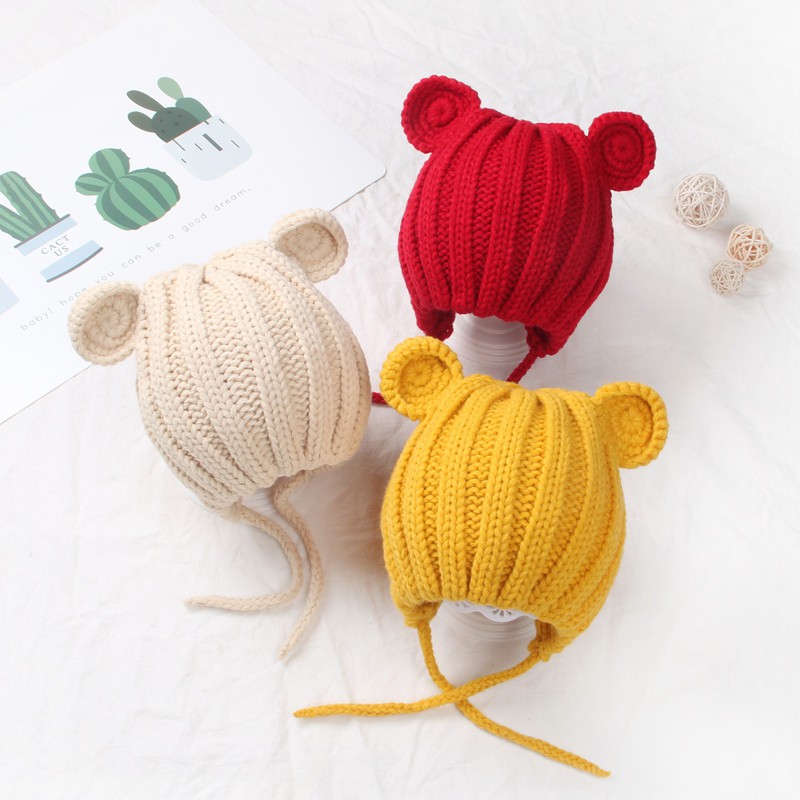 Mũ len tai chuột có dây buộc siêu cute cho bé (Nhiều màu)