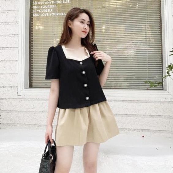 [ 𝐅𝐑𝐄𝐄 𝐒𝐇𝐈𝐏 ] Set Áo Cổ Vuông Tay Bồng Viền Bèo Tiểu Thư Xinh Xắn Bộ Nữ Quần Sooc Cao Cấp