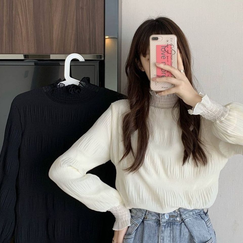 Áo Kiểu Hàn Quốc Cổ Lọ Phối Ren Hợp Thời Trang Cho Nữ
