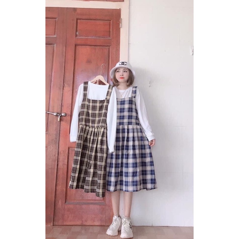 Yếm kẻ caro ulzzang phong cách Hàn Quốc (hình thật/video/sẵn)