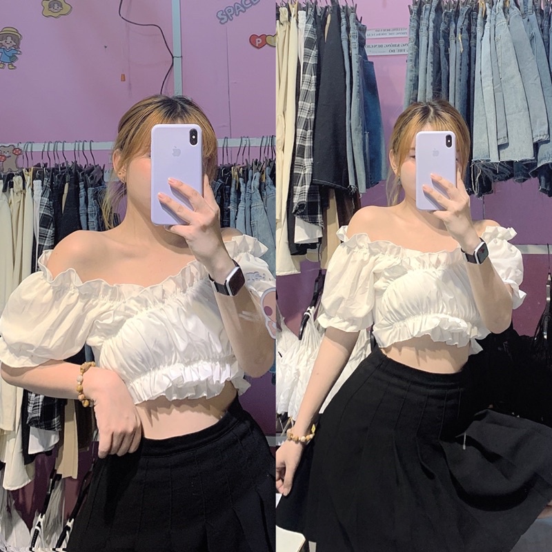 (ẢNH THẬT) Áo croptop Bèo cổ v đắp chéo buộc nơ Áo Kiểu Tay Phồng Cột Eo mặc đi chơi siêu đẹp Phong Cách Ulzzang