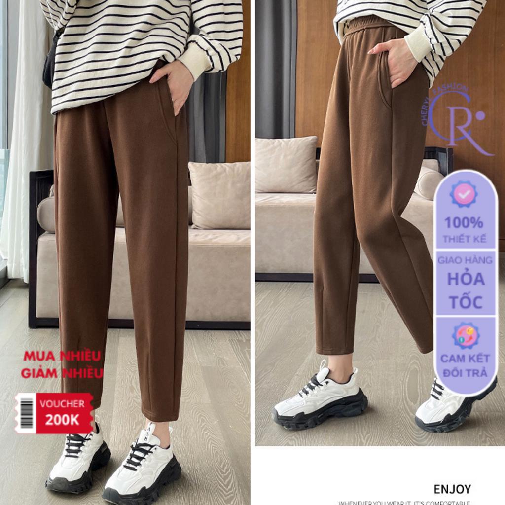 Quần baggy nữ lưng cạp cao mùa đông dáng dài bo gấu vải nỉ hàn cao cấp CHR232