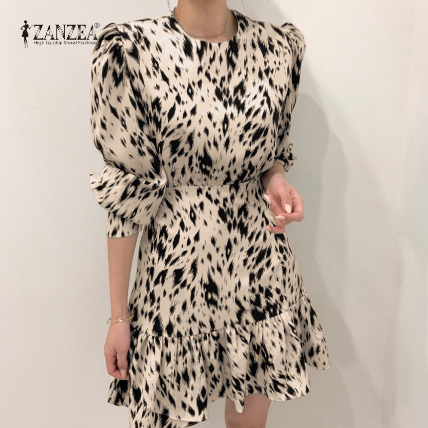 Đầm mini ZANZEA tay phồng cổ tròn dáng chữ A nhún bèo phong cách hàn quốc thời trang thanh lịch cho nữ