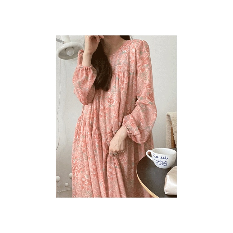 Korean chic spring French retro design printed bubble sleeve waist lace up medium length Chiffon Dress