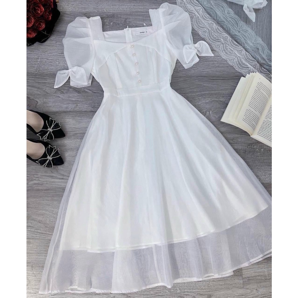 [Miễn Phí Ship 50K-GIAN HÀNG CHÍNH HÃNG] Đầm thời trang nữ đi dự tiệc ,đầm chất chifon 2 lớp màu trắng đính nơ
