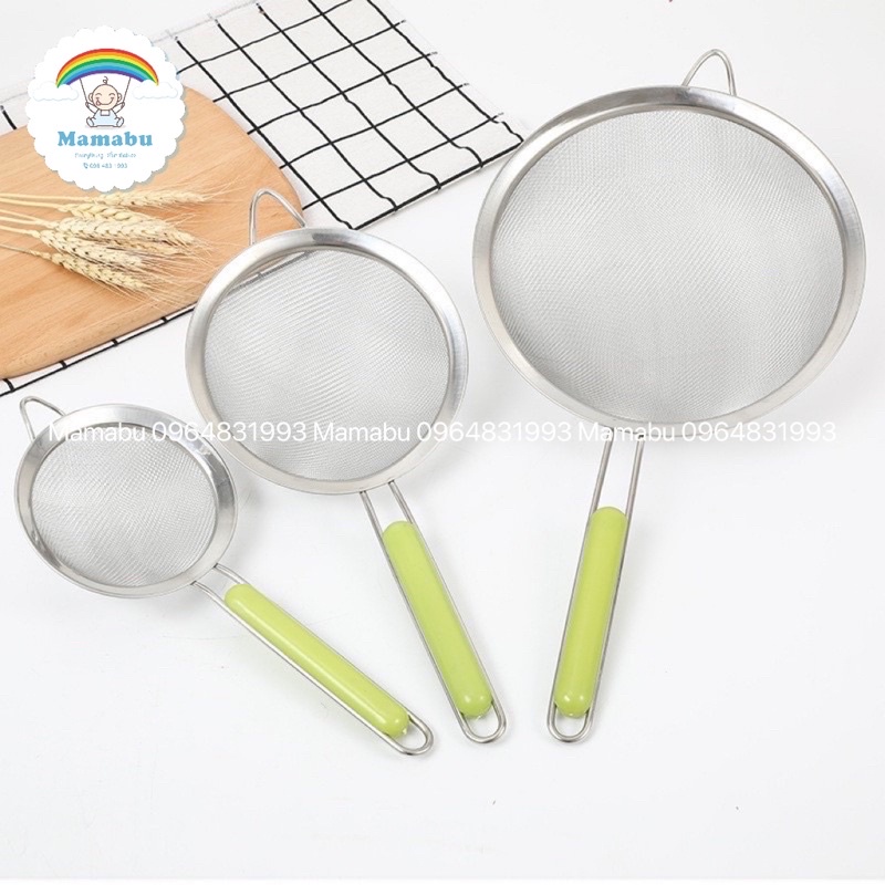 Rây Lọc Cháo Cán Xanh Loại Đẹp Inox 304 Không Gỉ Size 14cm Lọc Cháo Đồ Ăn Dặm Nước Dashi Siêu Mịn Cho Bé Mamabu