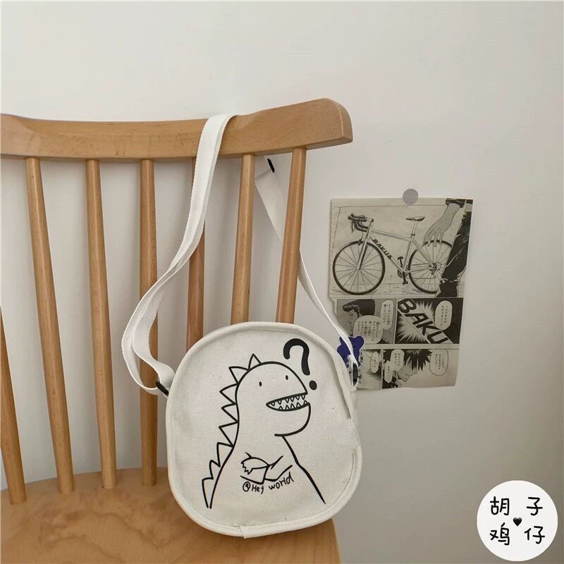 Túi đeo vai vải canvas có gắn/ không gắn mặt khủng long nhỏ dễ thương cho bé gái