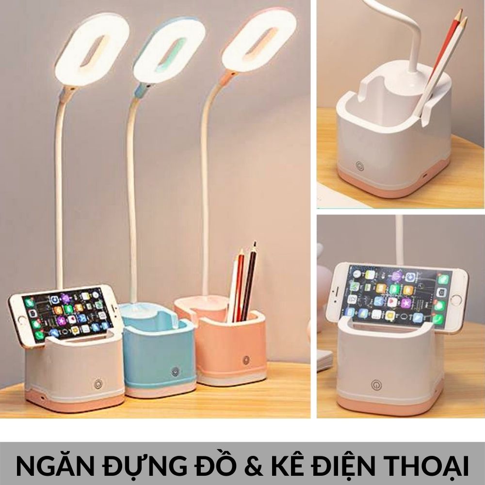 Đèn học để bàn kèm giá kê điện thoại, hộp đựng bút, chống cận thị  (Vuông KM 36022a)
