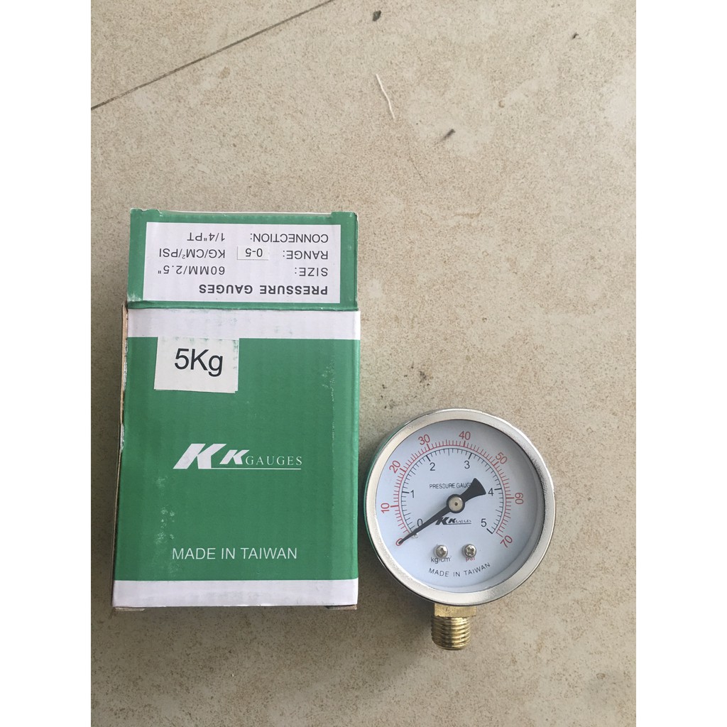 Đồng hồ áp suất hơi KK Gauges chân đứng ren 13mm, đường kính mặt 63mm đầy đủ dải đo 5kg, 7 kg, 10 kg, 16 kg, 20 kg