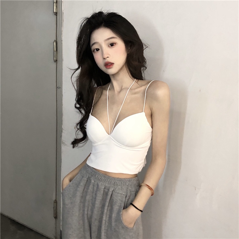 Áo croptop Xiaozhainv hai dây màu trơn có đệm ngực thời trang mùa hè quyến rũ cho nữ