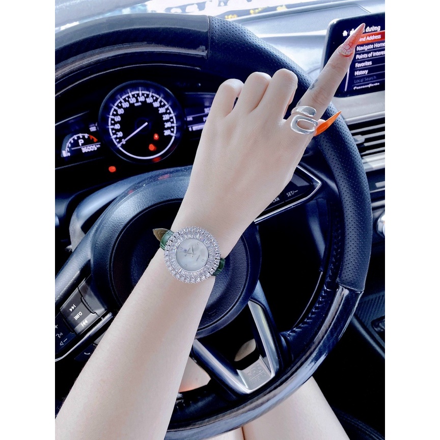 Đồng hồ nữ dây da, đồng hồ nữ chính hãng ROYAL CROWN đính kim cương nhân tạo Swarovski siêu cao cấp dây xanh lá cực đẹp