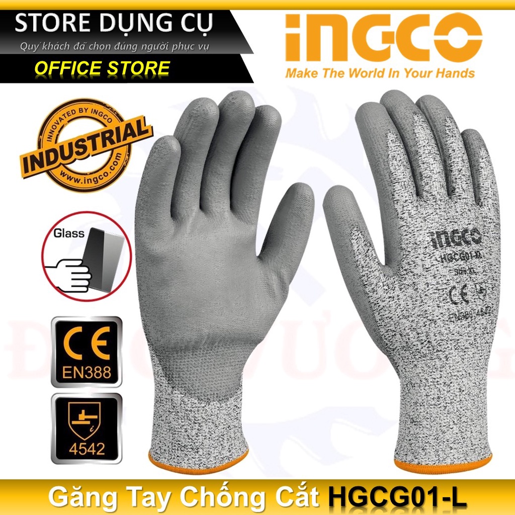 Găng tay bảo hộ lao động chống cắt cấp độ 5 có tráng PU - Chống tĩnh điện INGCO HGCG01-L XL công trình sắt nhọn cắt gỗ