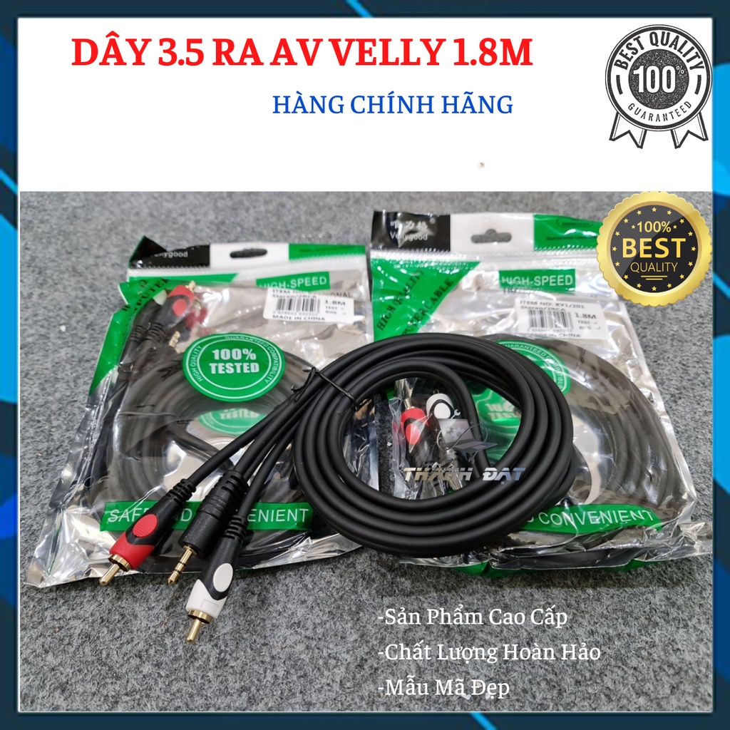 [CHÍNH HÃNG]. Dây1 đầu 3.5 ra 2 AV chính hãng VELLY 1.8M.Lõi đồng nguyên chất