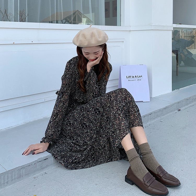 (order 15 ngày) Đầm hoa nhí dáng dài phong cách vintage cổ cột nơ | BigBuy360 - bigbuy360.vn