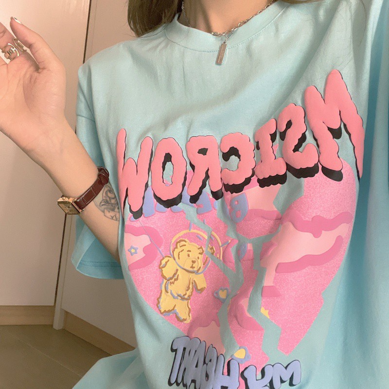 Áo thun tay ngắn in hoạt hình dáng rộng kiểu Hàn Quốc cho nữ