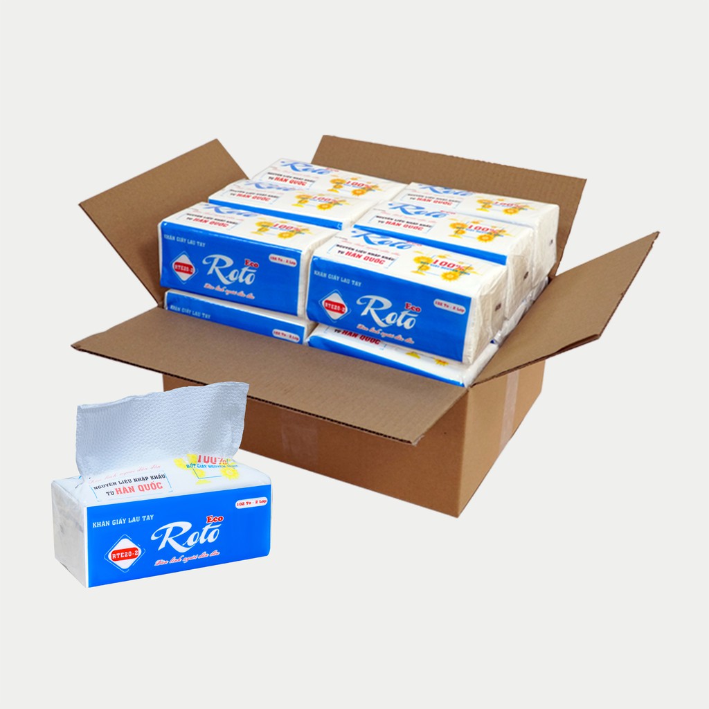Khăn giấy lau tay đa năng Roto Eco - RTE20-2, 100% bột giấy nguyên sinh - 102 tờ - vệ sinh sau và trong bữa ăn - 20 gói