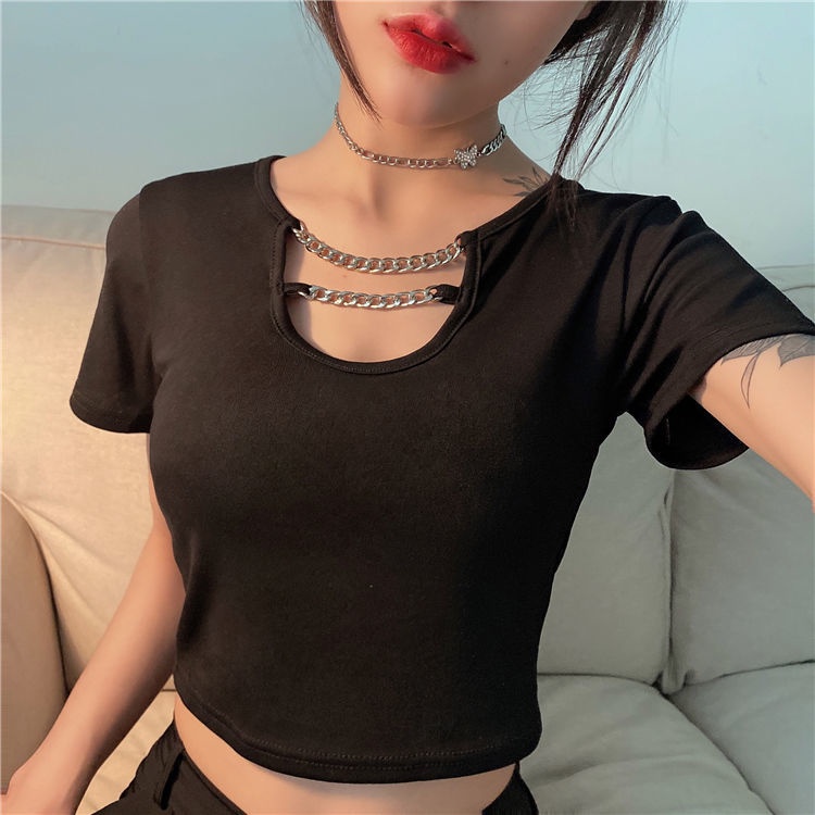 Áo Thun crop top Eo Cao Tay Ngắn Màu Đen Phong Cách Hàn Quốc Thời Trang Mùa Hè Cho Nữ JH-TX-147