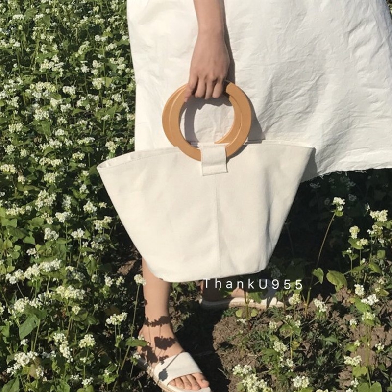 💜Máy Phát Điện Trong Bãi Biển💜 | Túi Xách Vải Canvas Cỡ Nhỏ Phối Vòng Gỗ Kiểu Hàn Quốc Thời Trang 2020 Cho Nữ