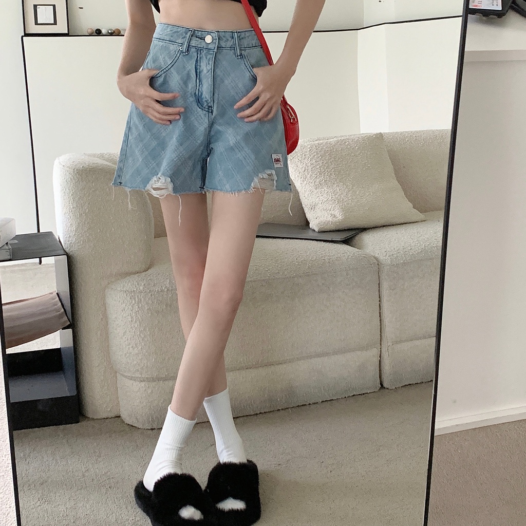 SUXI Quần Short Denim Lưng Cao Dáng Chữ A Màu Trơn Thời Trang Mùa Hè Cho Nữ