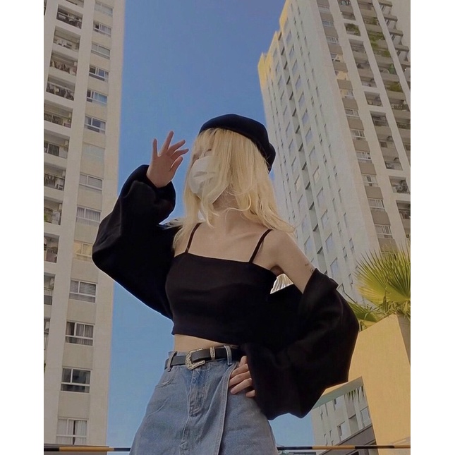 Set áo crop + áo khoác tay phồng