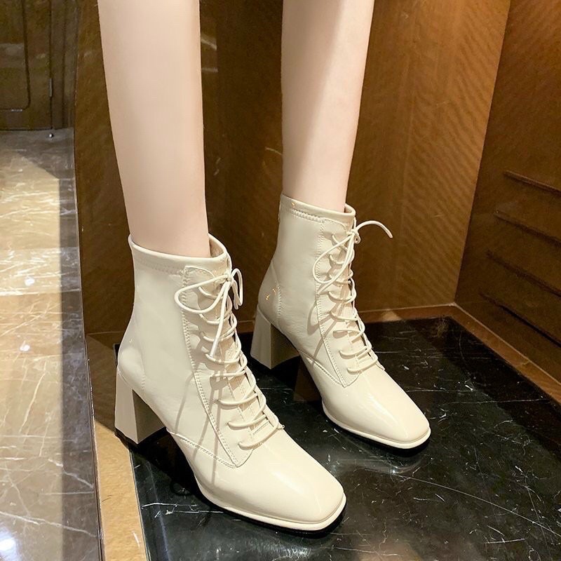 Giày boots nữ gót vuông da bóng thời trang , bốt nữ cao gót da sịn 2 màu siêu xinh